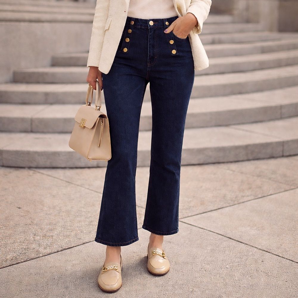 J.Crew Billie Demi Boot Crop Jeans 28 Dark Wash Sailor Button Old Money